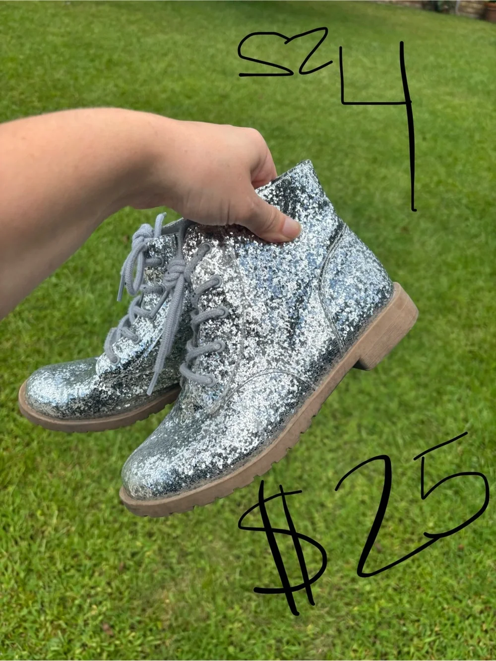 Kids Silver Glitter Lace-Up Boots